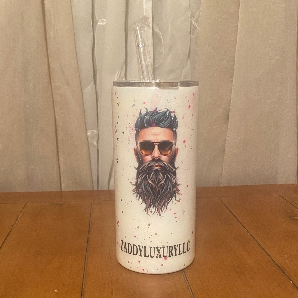 NEW THICC 20oz ZaddyluxuryLLC White Tumbler with Bearded Man Graphic and Glitter